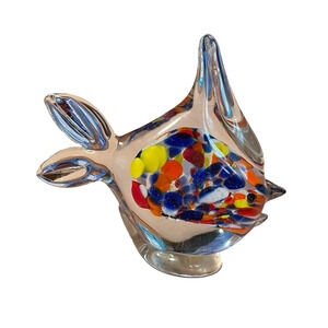 Vtg Art Glass Fish Paperweight Figurine Spotted Multi Color NANCO - 5”H x 5.5”W